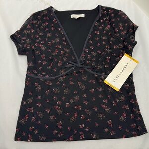 Aeropostale Black Floral Tie-Front Women's Top
